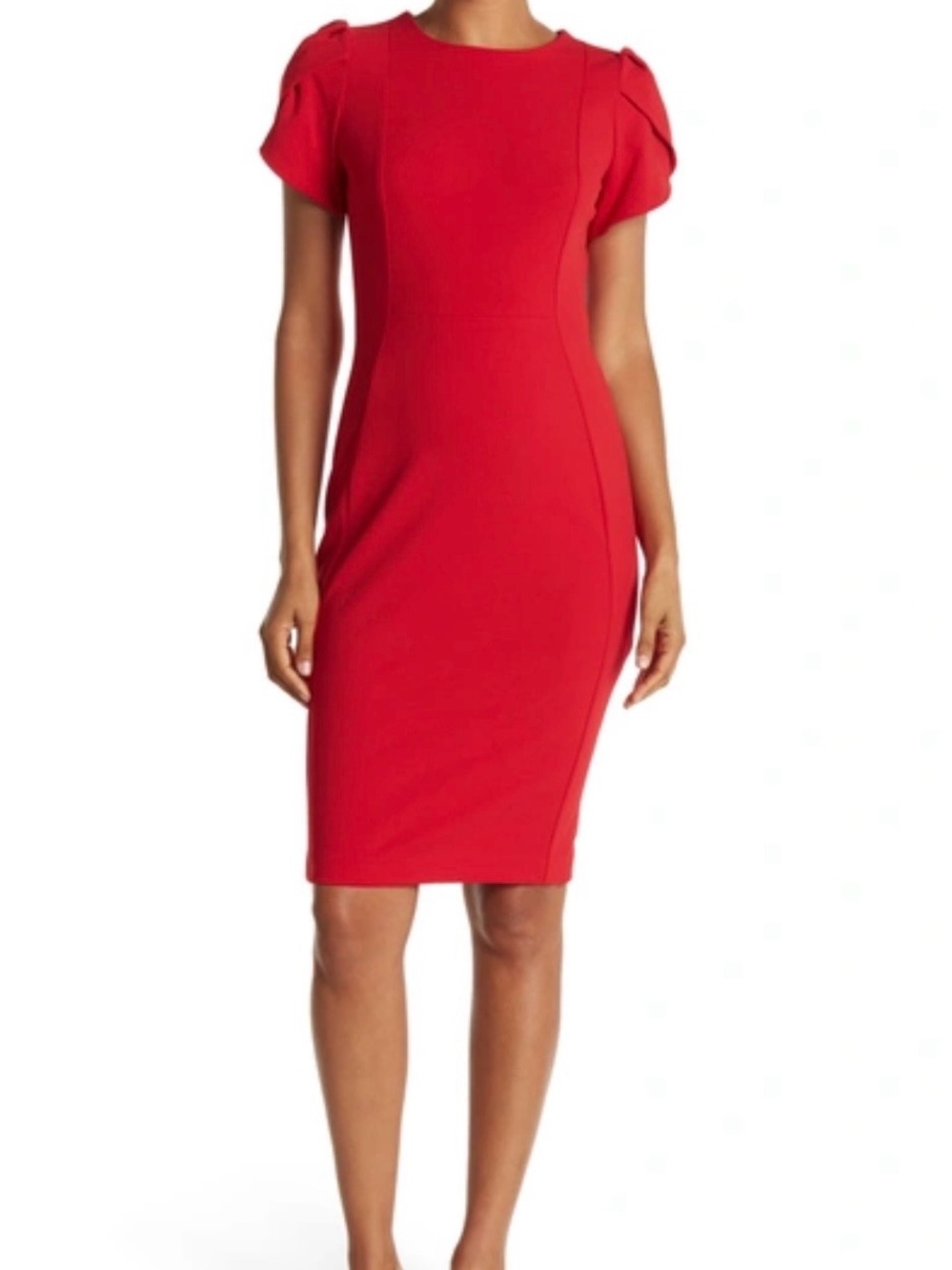 Calvin Klein Red Puff-Sleeve Midi Sheath Dress